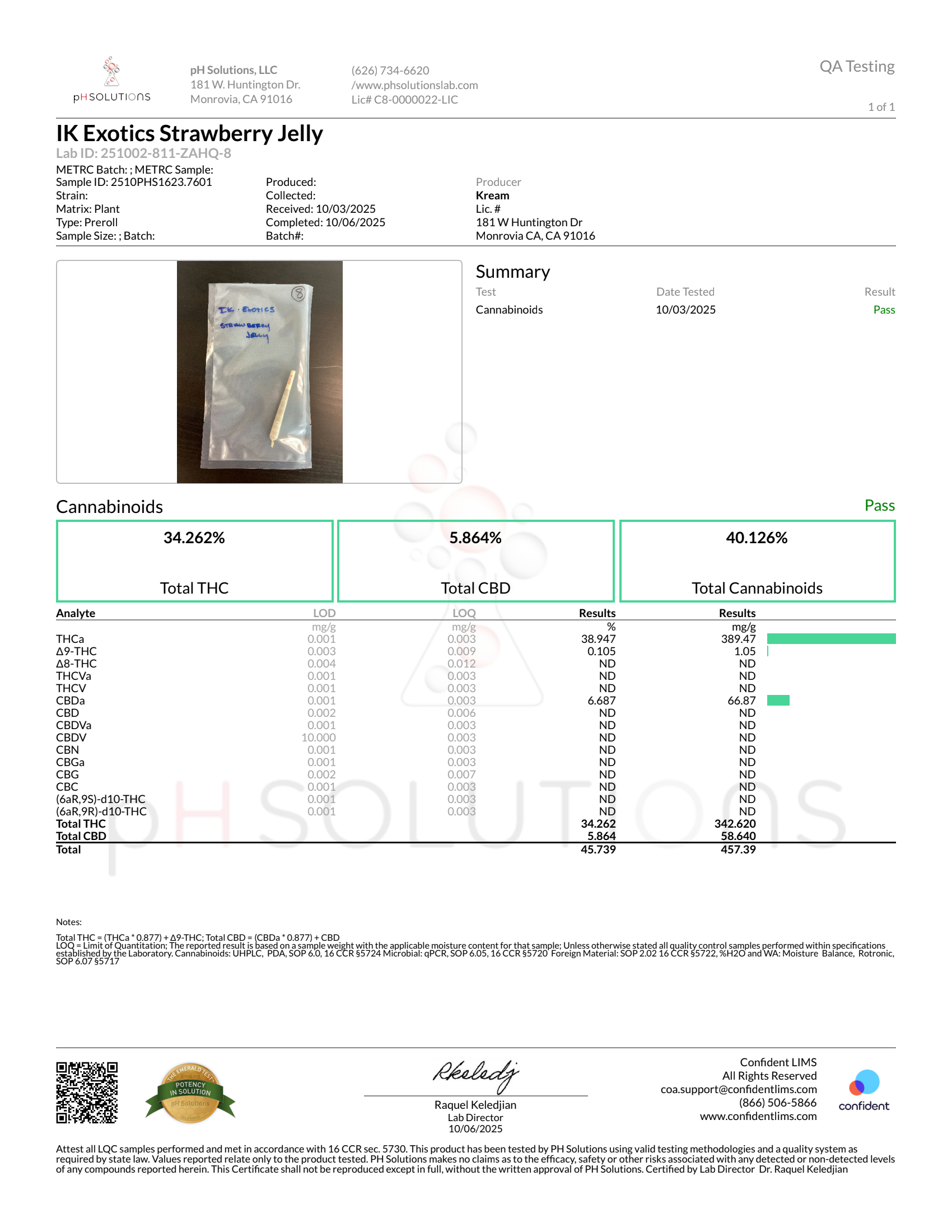 Certificate of Analysis for Ice Kream Strawberry Jam Exotics THCA Powdered Donuts