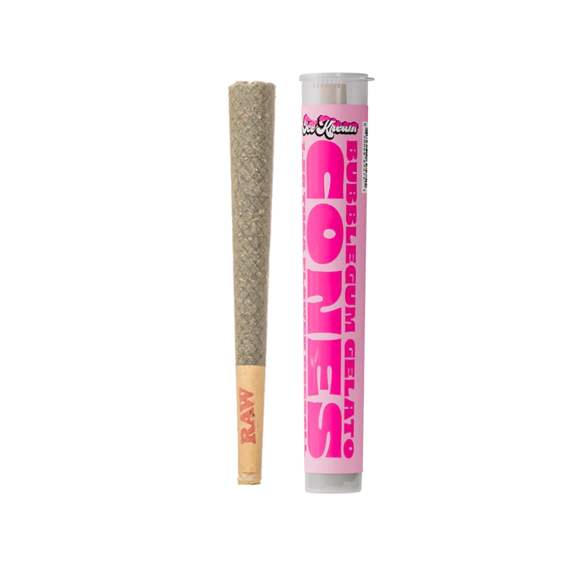 Ice Kream THCA Bubblegum Gelato Cones. A pre-roll next to a labeled tube