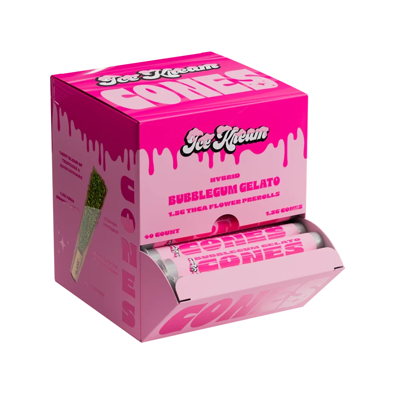 Ice Kream THCA Bubblegum Gelato Cones Display box with pre-rolls coming out