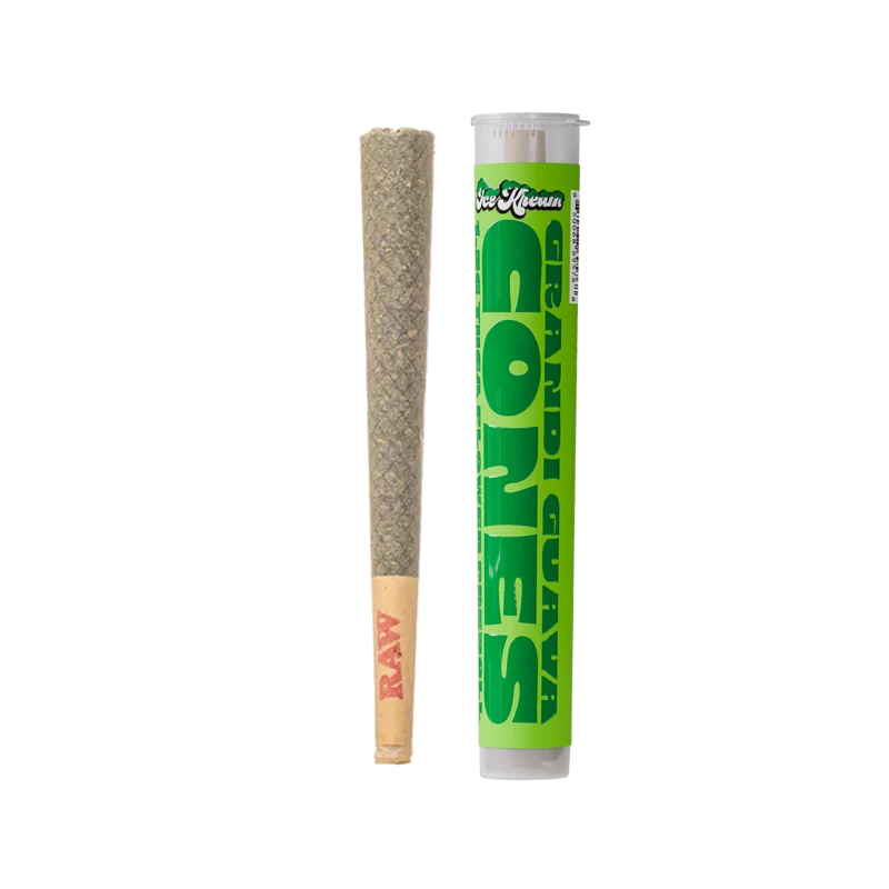 Ice Kream THCA Grandi Guava CONE. A cone pre-roll next to a plastic tube