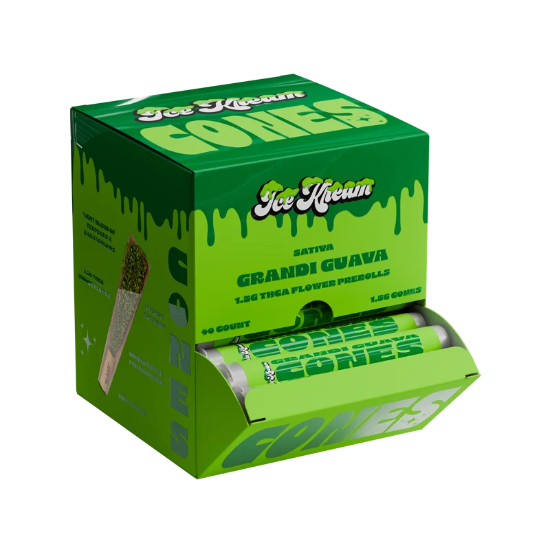 Ice Kream THCA GRANDI GUAVA CONES Display box with cones in the front