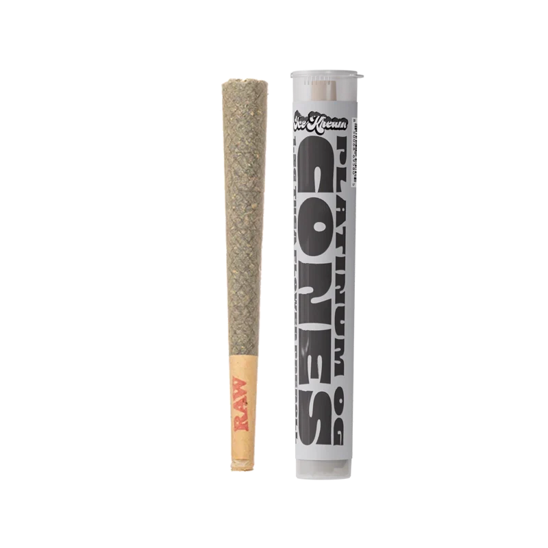 Ice Kream THCA PLATINUM OG CONES. A cone pre-roll next to a plastic tube.