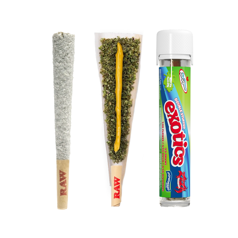 Ice Kream Watermelon Exotics THCA Powdered Donuts  with a coated pre-roll, an open pre-roll showing the hash batter core and a pre-roll in a tube