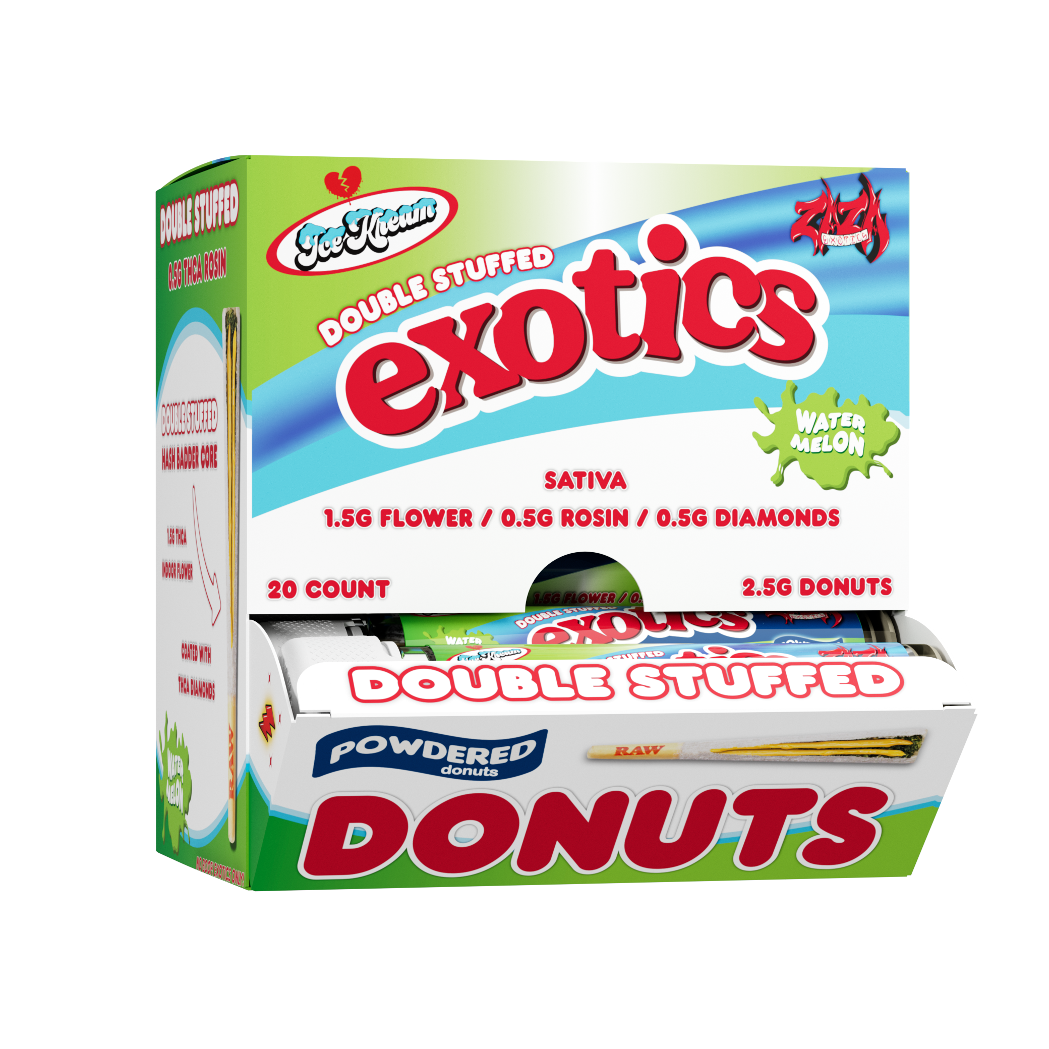 Ice Kream Watermelon Exotics THCA Powdered Donuts 20ct Display box with tubes coming out of the front