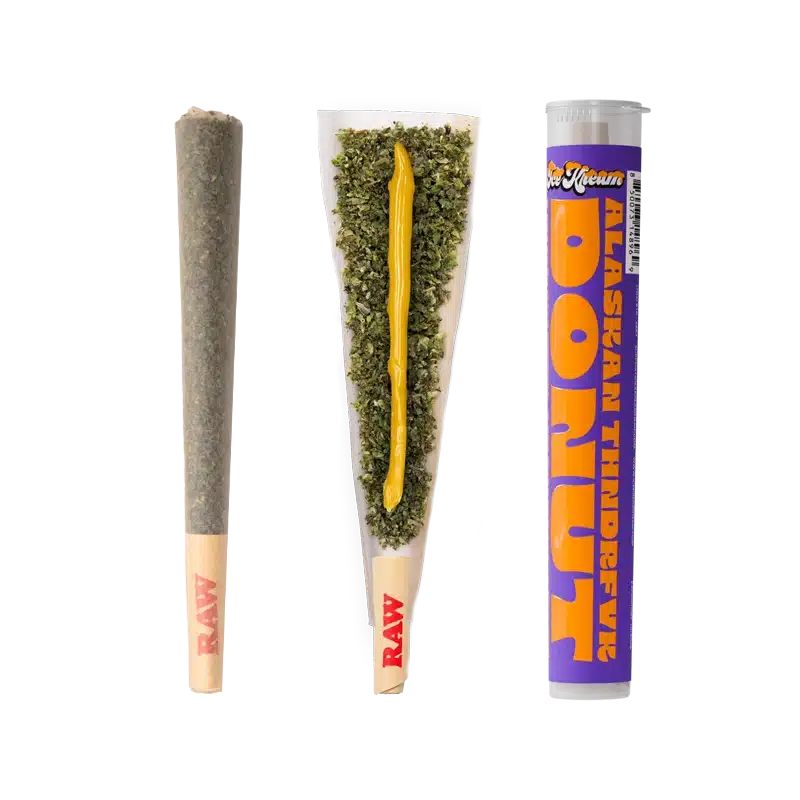 Ice Kream's Alaskan Thundrfvk Donut with an open PreRoll showing its hash batter core and stickered tube