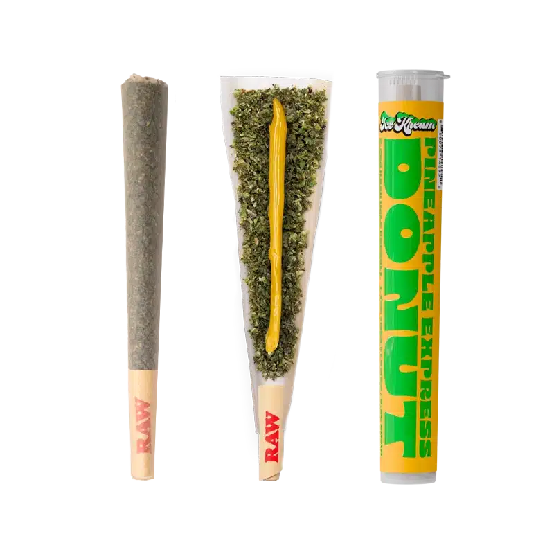 Ice Kream's Pineapple Express Donut With Open PreRoll showing its hashbatter core and stickered tube

