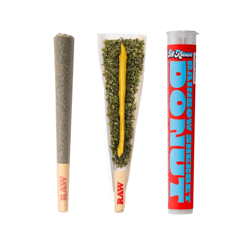 Ice Kream's Rainbow Sherbet Donut with an open PreRoll showing its hash batter core and stickered tube
