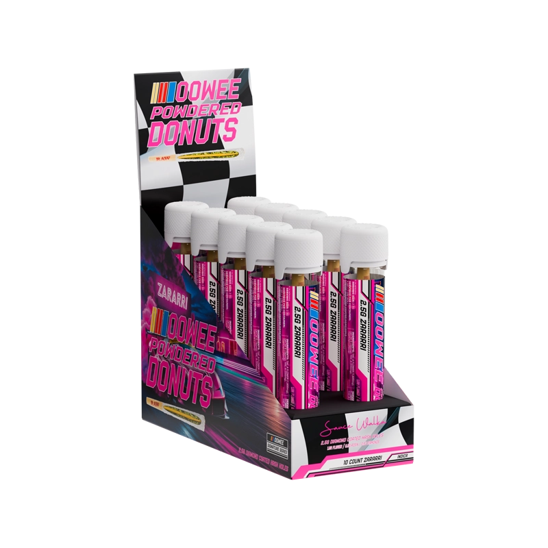 Oowee Zararri THCA Powder Donuts Display box with 10 Pre-Roll tubes standing upright
