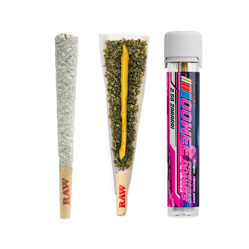 Oowee Zararri THCA Powdered Donuts with a coated pre-roll, an open pre-roll showing the hash batter core and a pre-roll in a tube