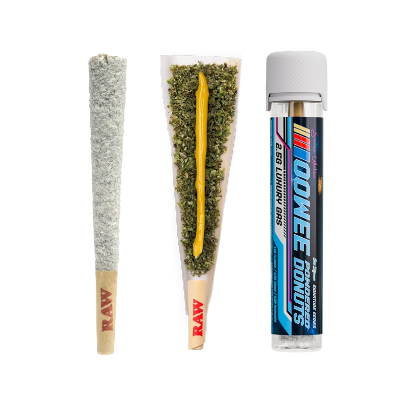Sauce Walka Oowee Luxury Gas THCA Powdered Donuts with a coated pre-roll, an open pre-roll showing the hash batter core and a pre-roll in a tube