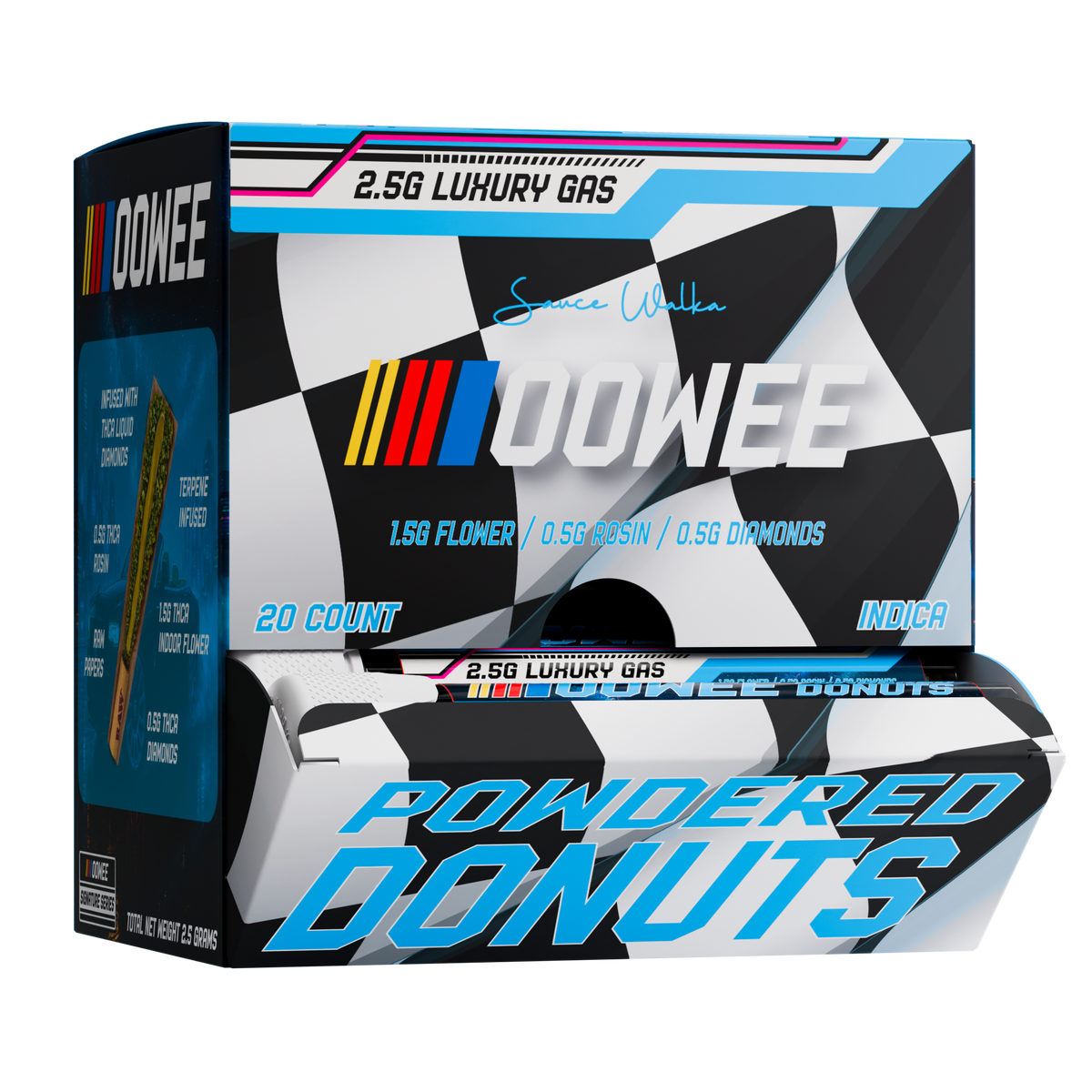 Sauce Walka Luxury Gas THCA Powdered Donuts 20ct Display Box with tubes coming out of the front 