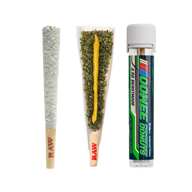 Sauce Walka Oowee Beastmode Powdered Donuts with a coated pre-roll, an open pre-roll showing the hash batter core and a pre-roll in a tube