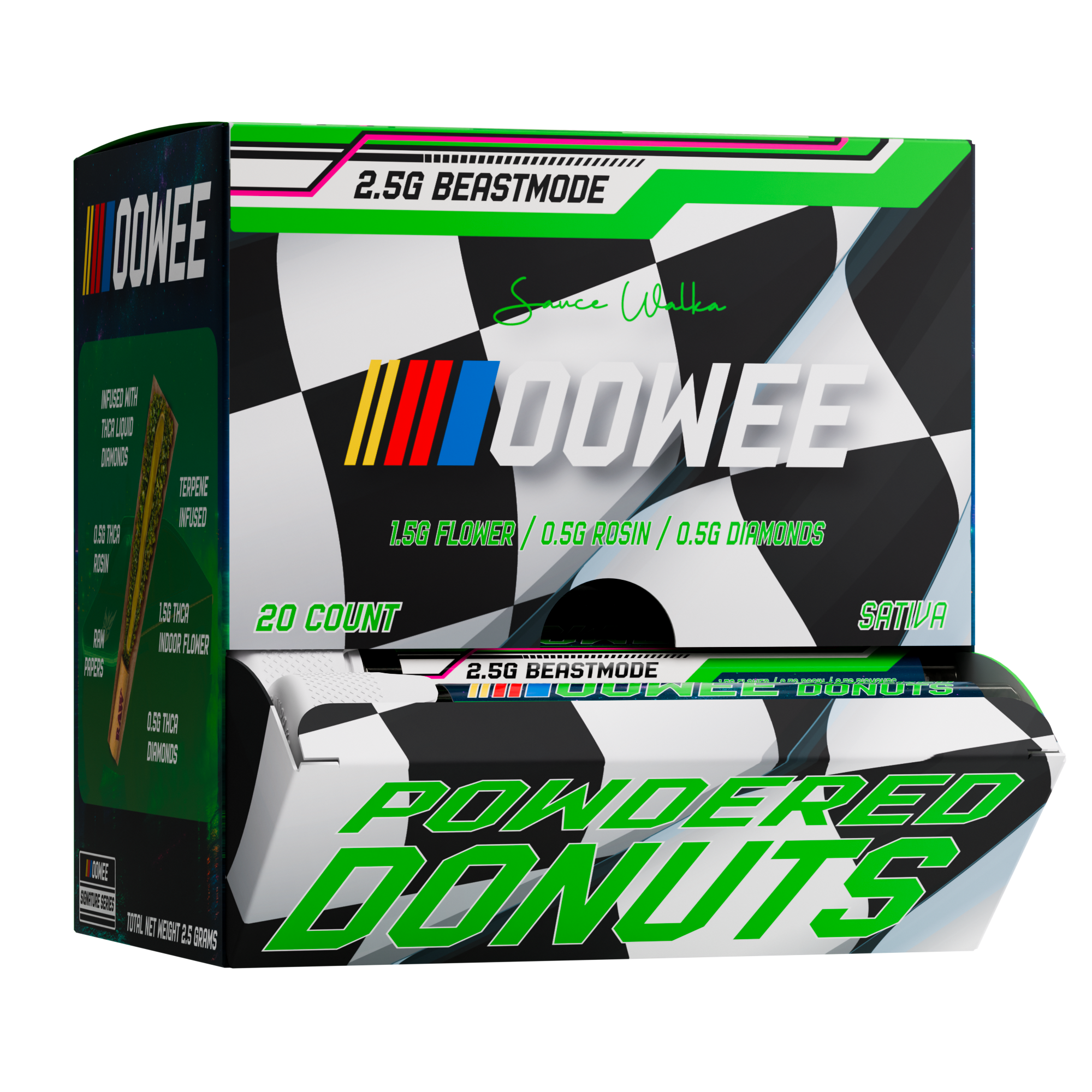 Sauce Walka Oowee Beastmode Powdered Donuts 20ct Display Box with tubes coming out of the front