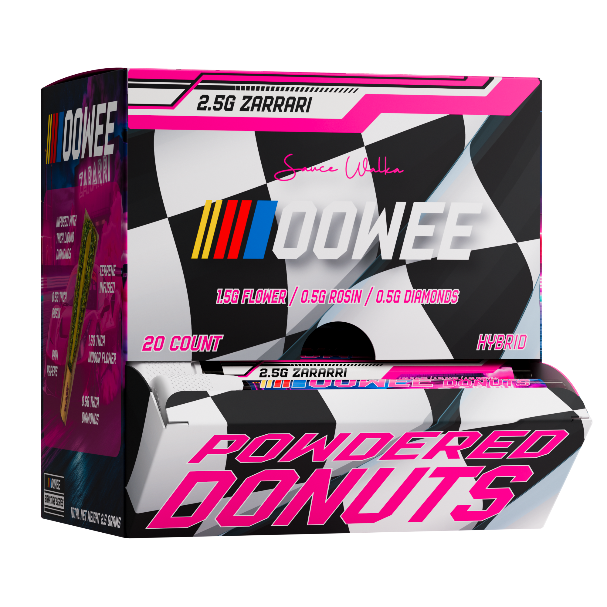 Sauce Walka Oowee Zararri THCA Powdered Donuts 20ct Display Box with tubes coming out the front 