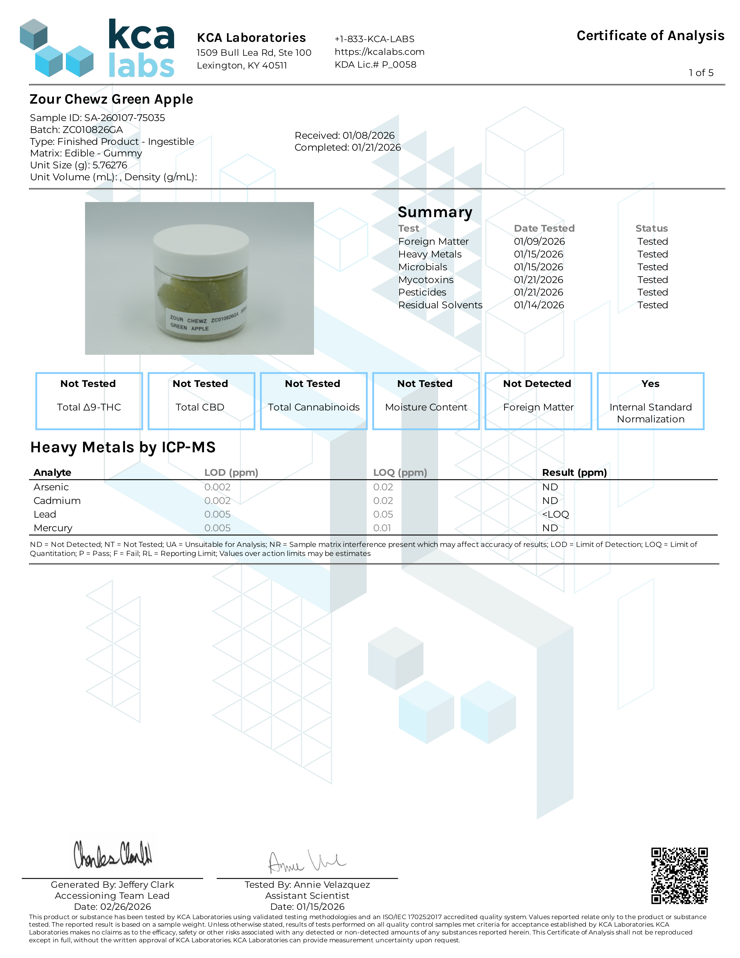 Certificate of Analysis for Zour Chewz Green Apple 1000mg Edible Page 2
