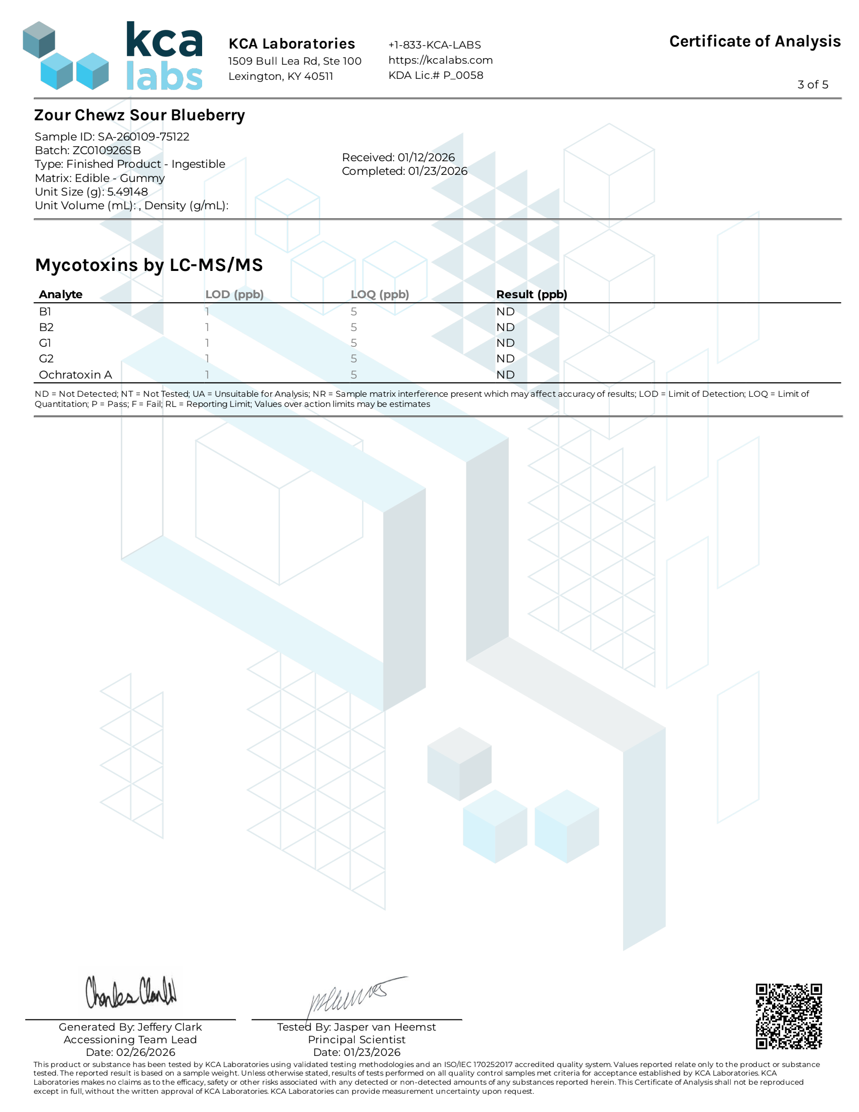 Certificate of Analysis fro Zour Chewz Sour Blueberry 1000mg Edible Page 2