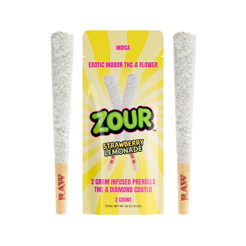  Zour Stash 2CT Strawberry Lemonade COATED PREROLLS with a coated pre-roll on either side of the mylar bags