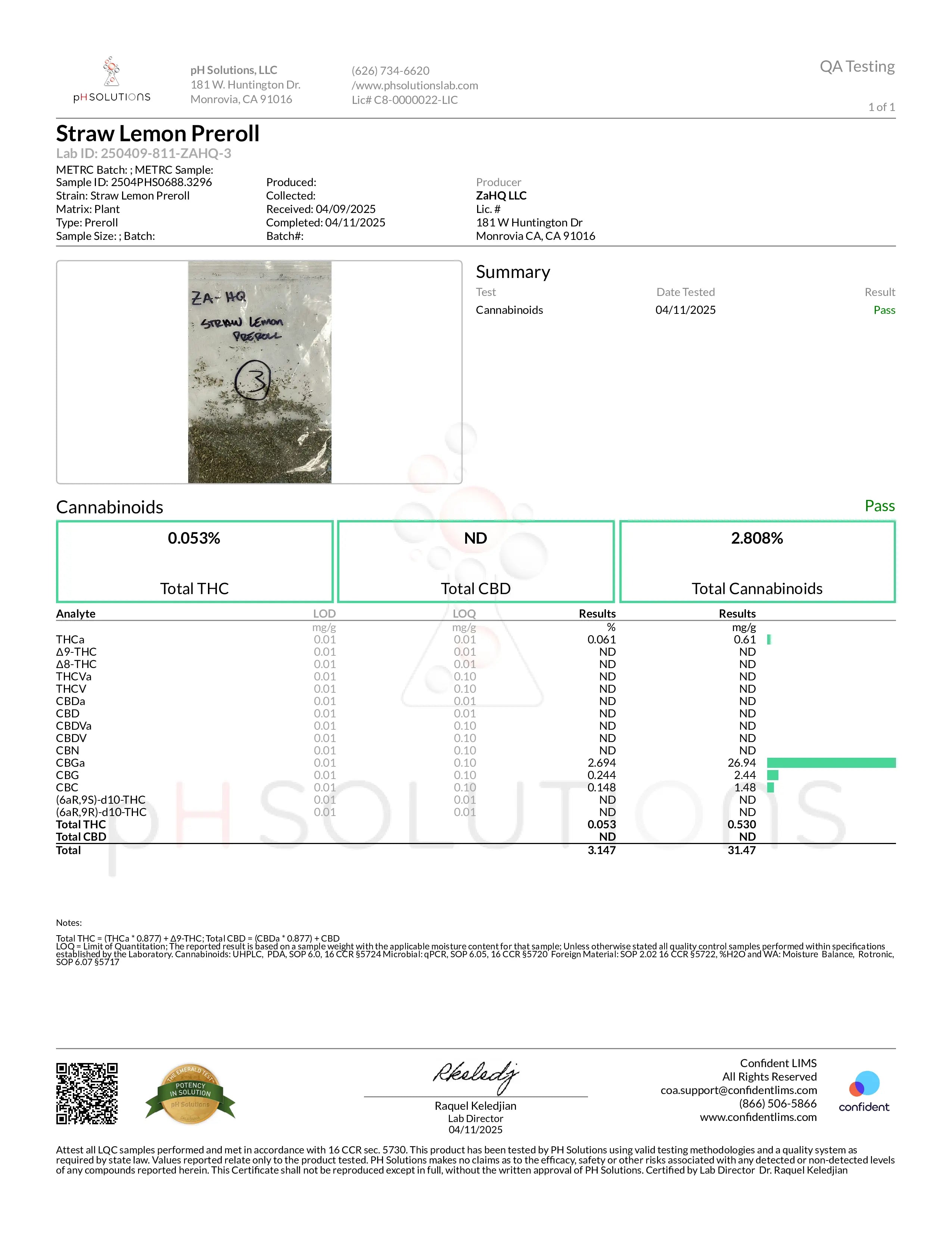  Certificate of Analysis for Zour Stash 2CT Strawberry Lemonade COATED PREROLLS