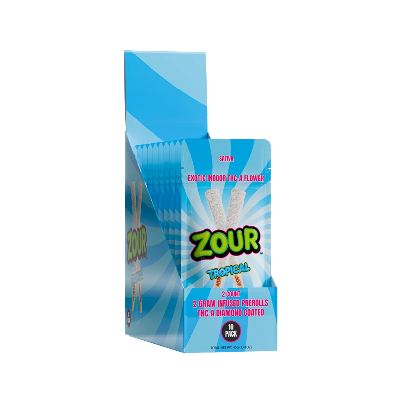 Zour Stash 2CT Tropical COATED PREROLLS display box with 10 mylar bag inside