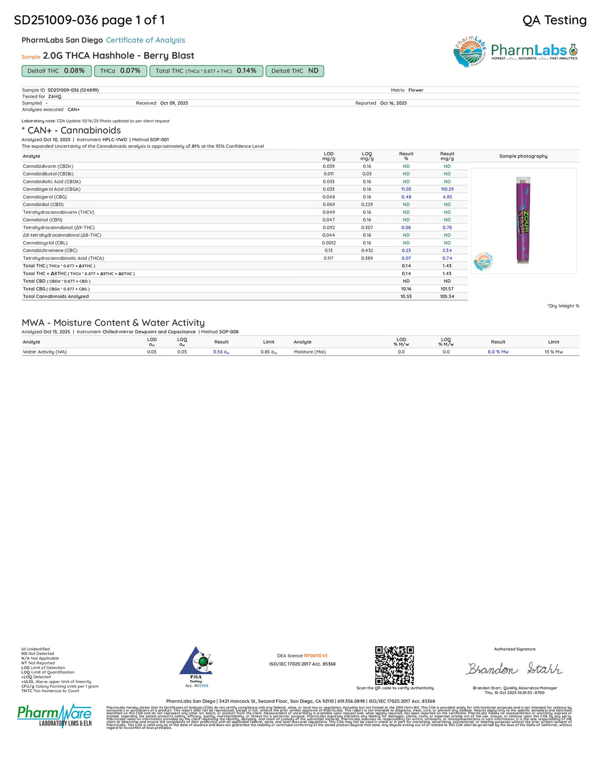 Certificate of Analysis of a Zour Stash Berry Blast THCA Hash Hole Pre-Roll