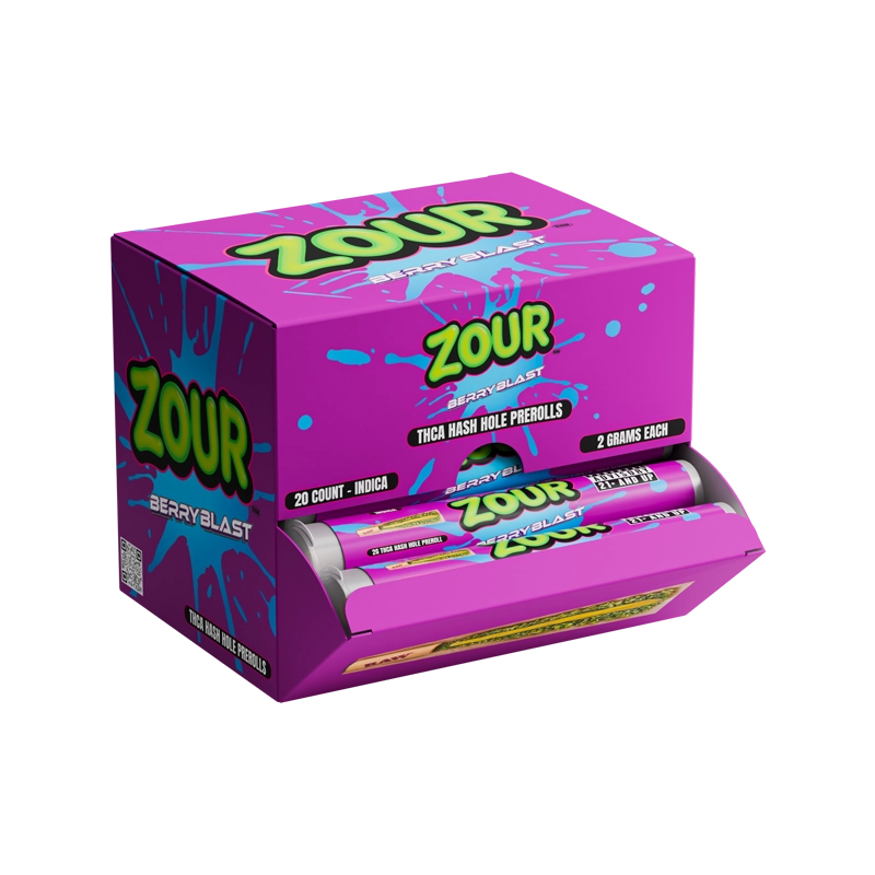 Zour Stash Berry Blast THCA Hash Hole Display box showing the Hash Hole Pre-rolls inside.