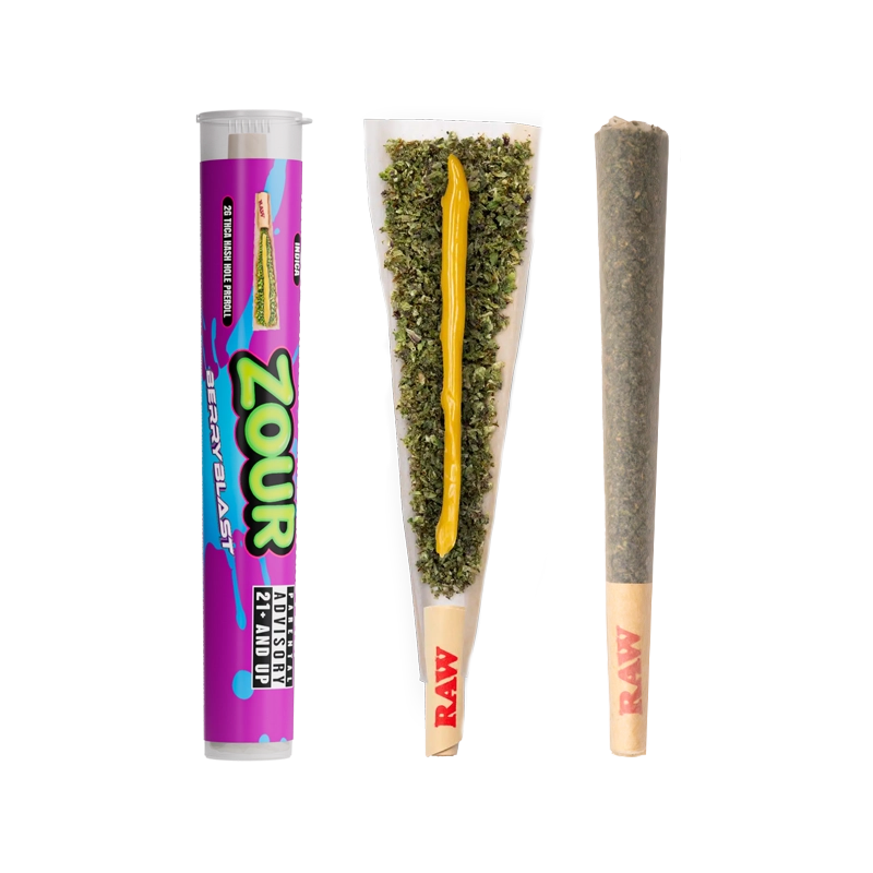 Zour Stash Berry Blast THCA tube next to an open pre-roll which is then next a normal pre-roll.