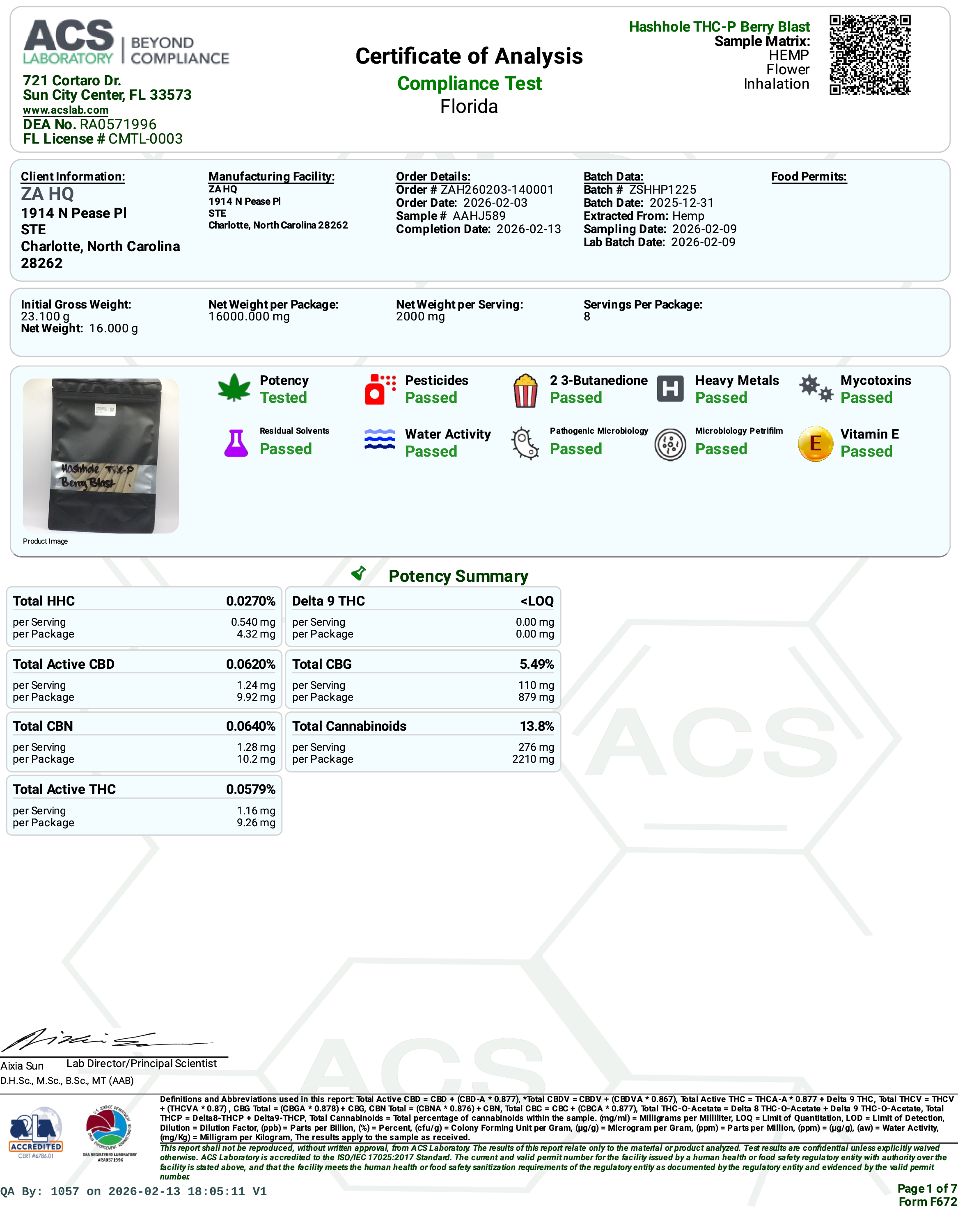 Certificate of Analysis for Zour Stash Berry Blast THCP Hash Hole Page 1
