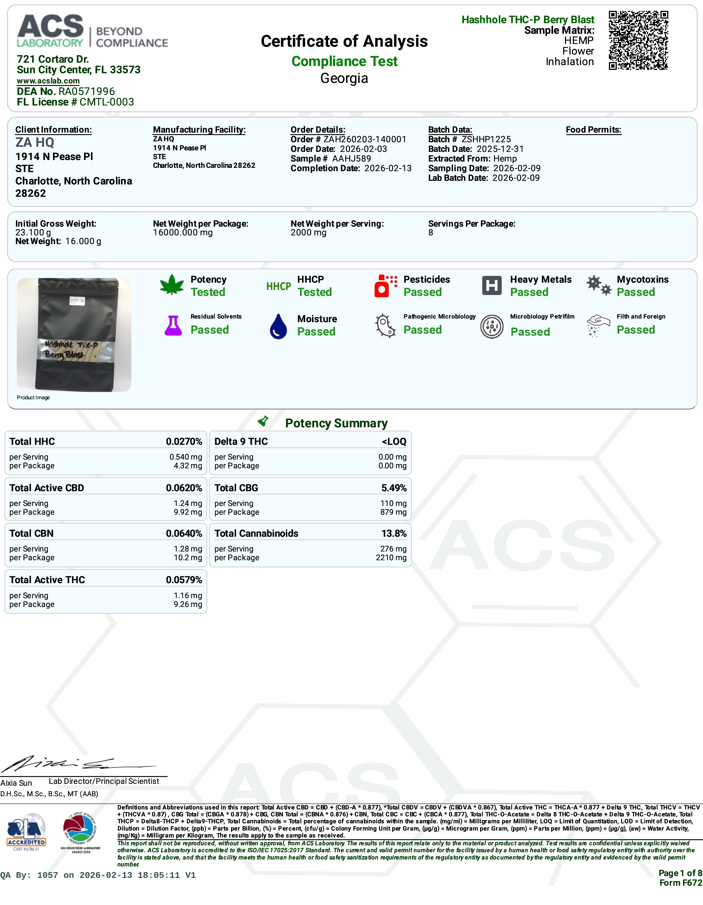 Certificate of Analysis for Zour Stash Berry Blast THCP Hash Hole COA Page 14