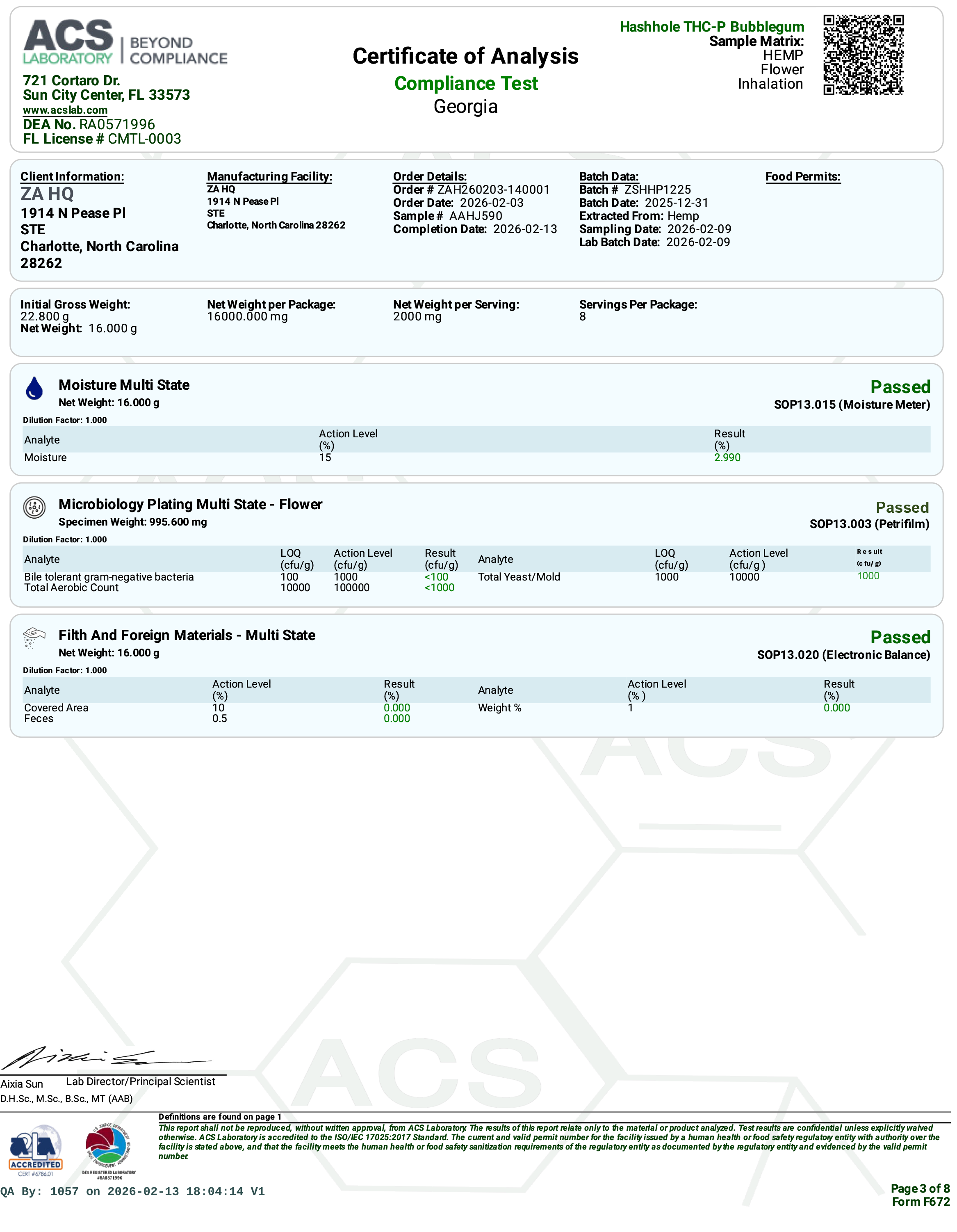 Certificate of Analysis of Zour Stash Berry Blast THCP Hash Hole COA Page 2