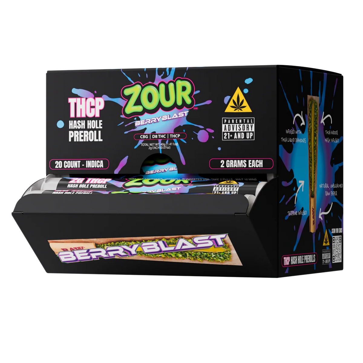 Zour Stash Berry Blast THCP Hash Hole Display box with tubes coming out of the inside of the box