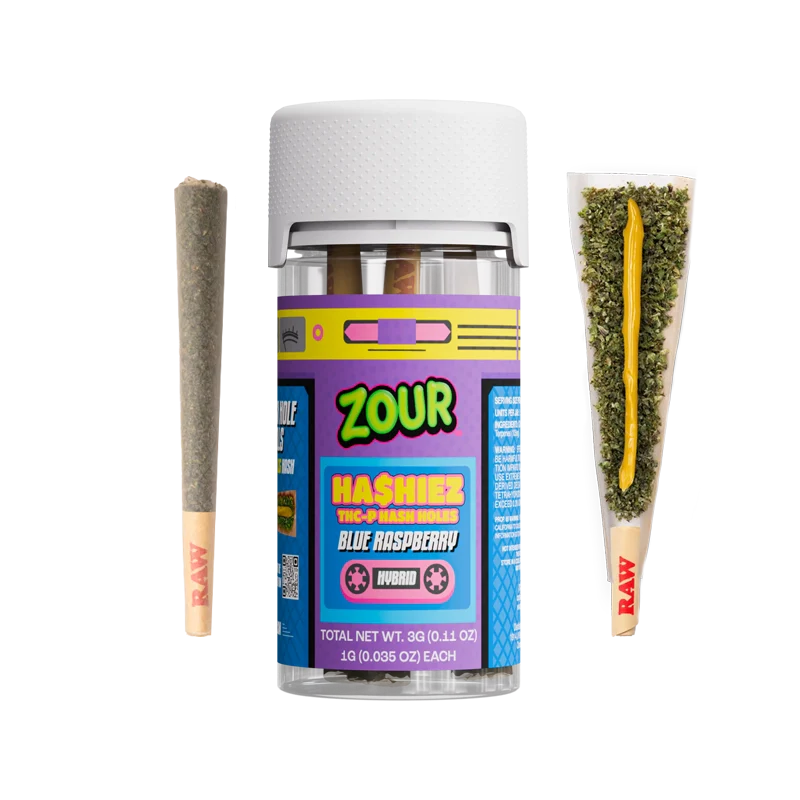 Zour Stash Blue Raspberry THCP Hashiez. A pre-roll, then the hashiez jar, and then an open pre-roll showing the hash batter core.