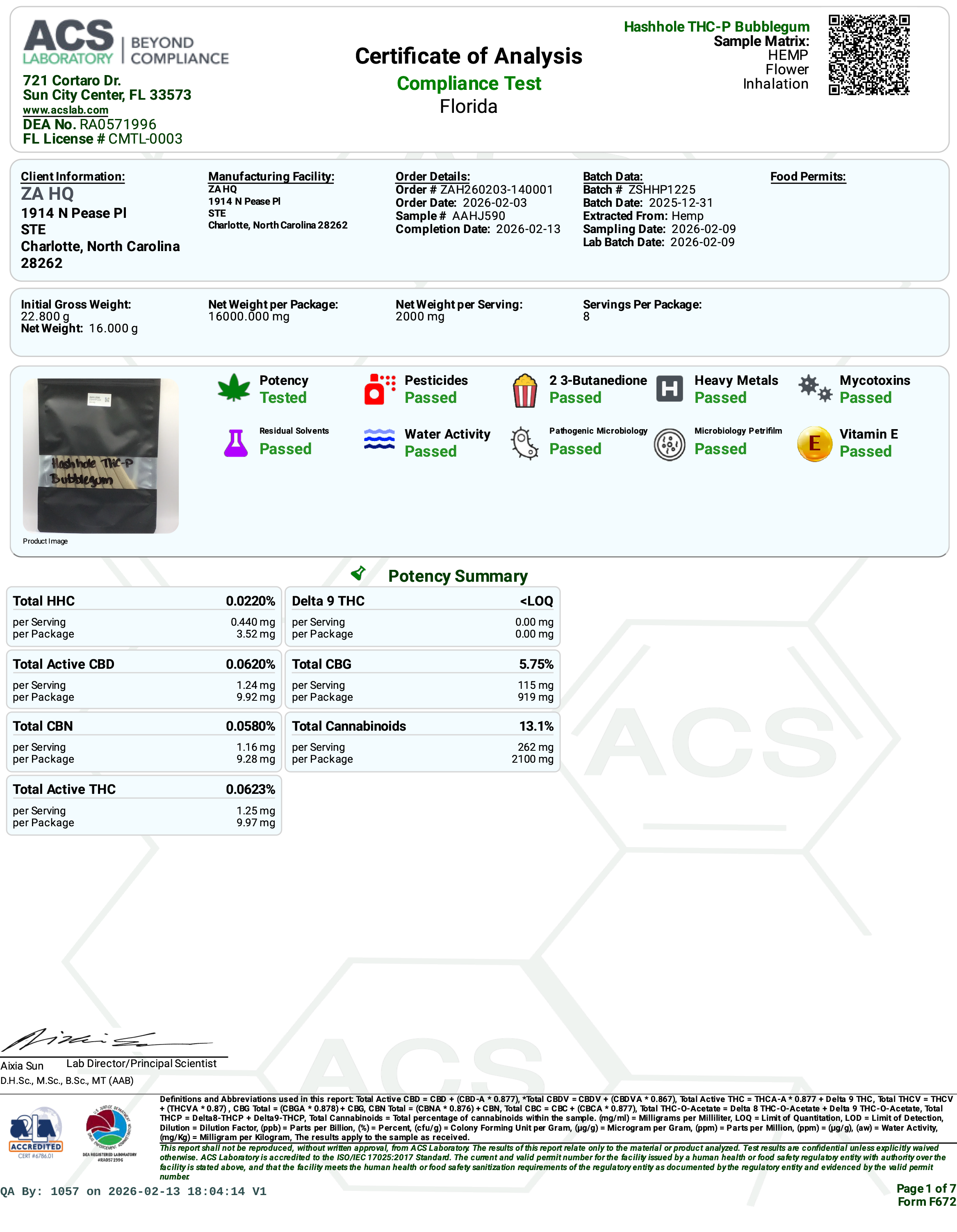 Certificate of Analysis for Zour Stash Berry Blast THCP Hash Hole COA Page 1