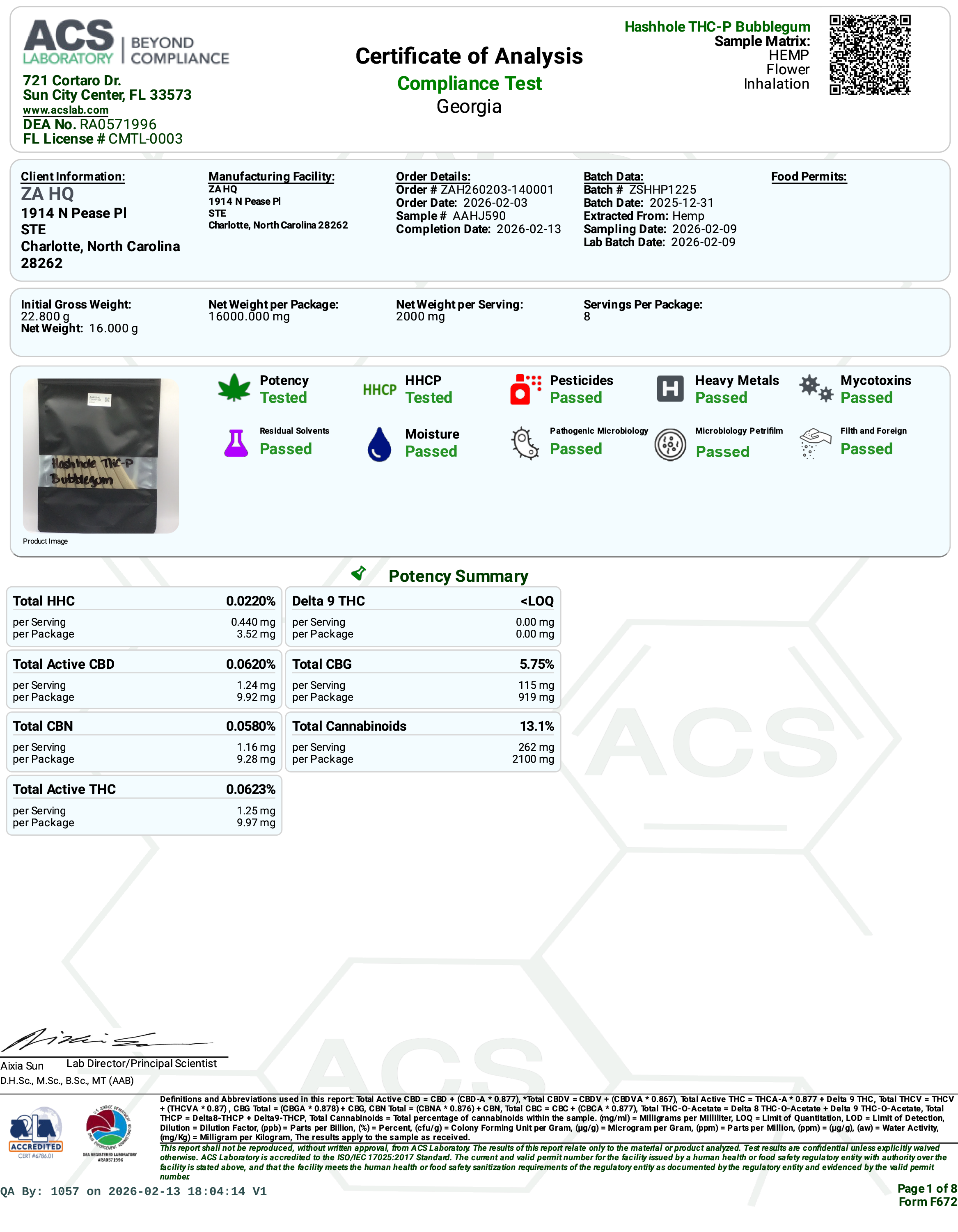Certificate of Analysis for Zour Stash Bubblegum THCP Hash Hole COA Page 15