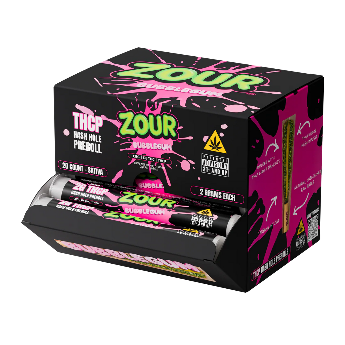 Zour Stash Bubblegum THCP Hash Hole Display box with the tubes coming out