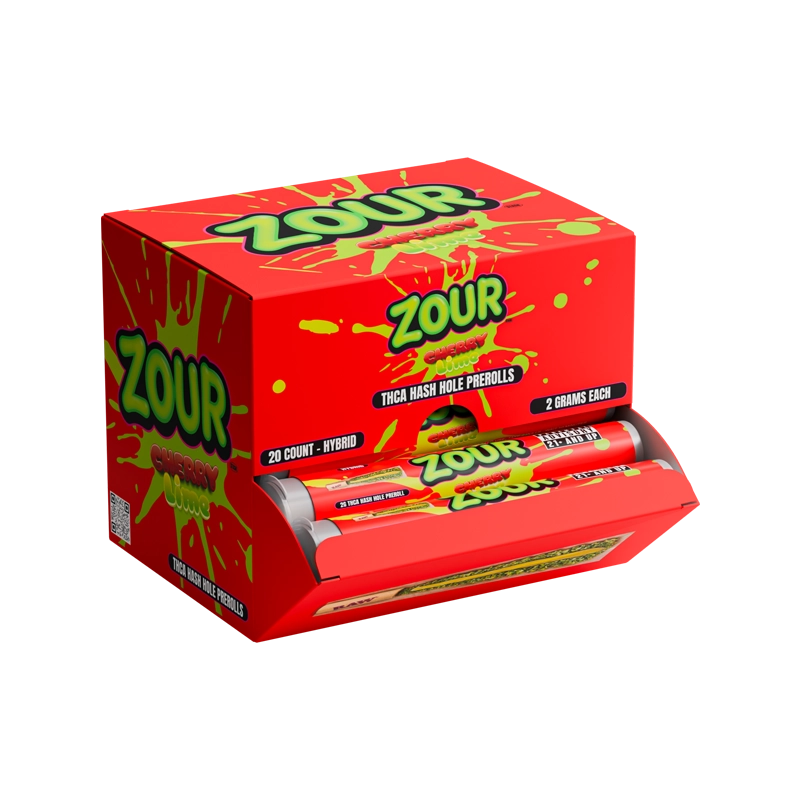 Zour Stash Cherry Lime Hash Hole Display box showing the Hash Hole Pre-rolls inside.
