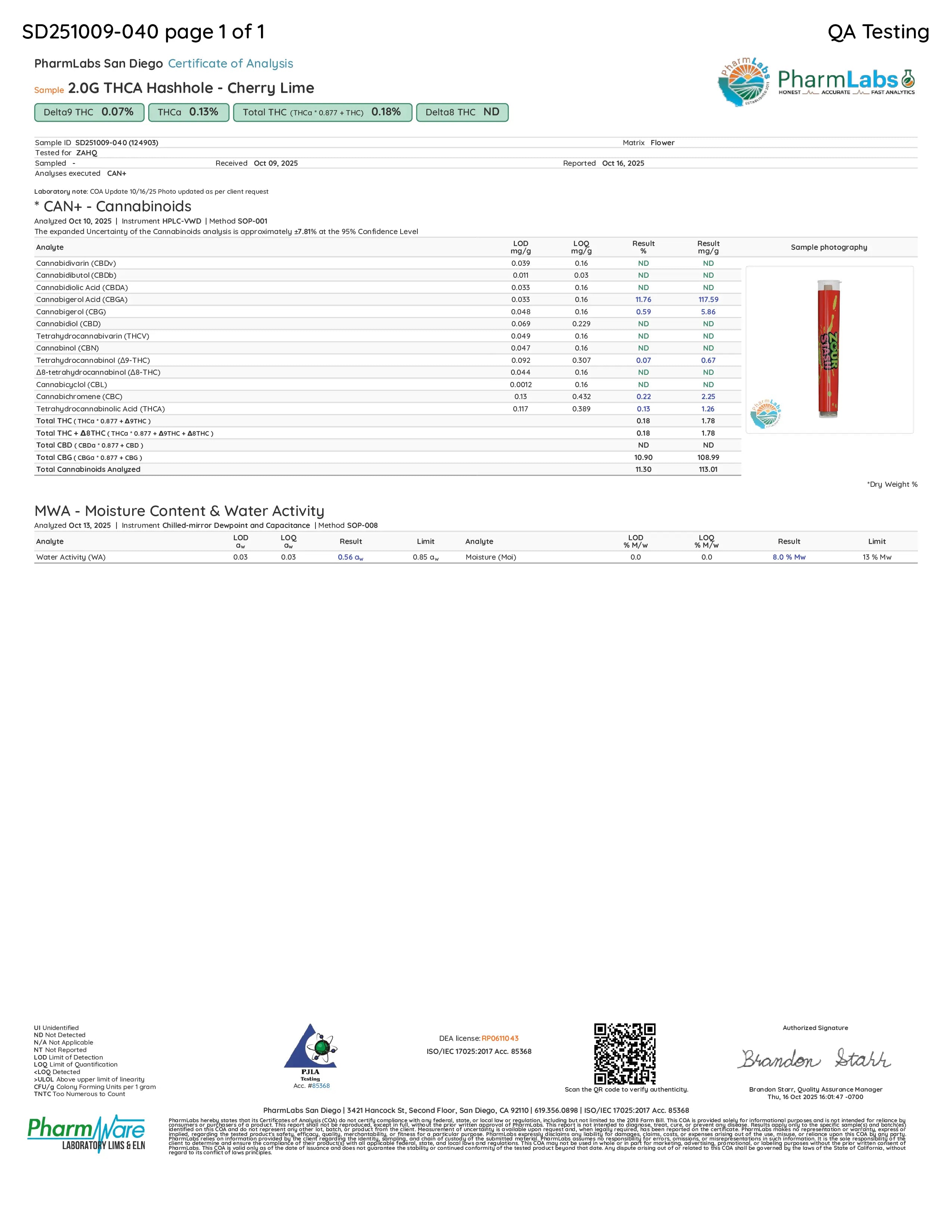 Certificate of Analysis for a Zour Stash Cherry Lime THCA Hash Hole Pre-Roll