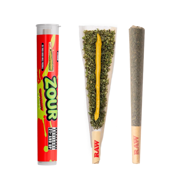 Zour Stash Cherry Lime THCA tube next to an open pre-roll which is then next a normal pre-roll.
