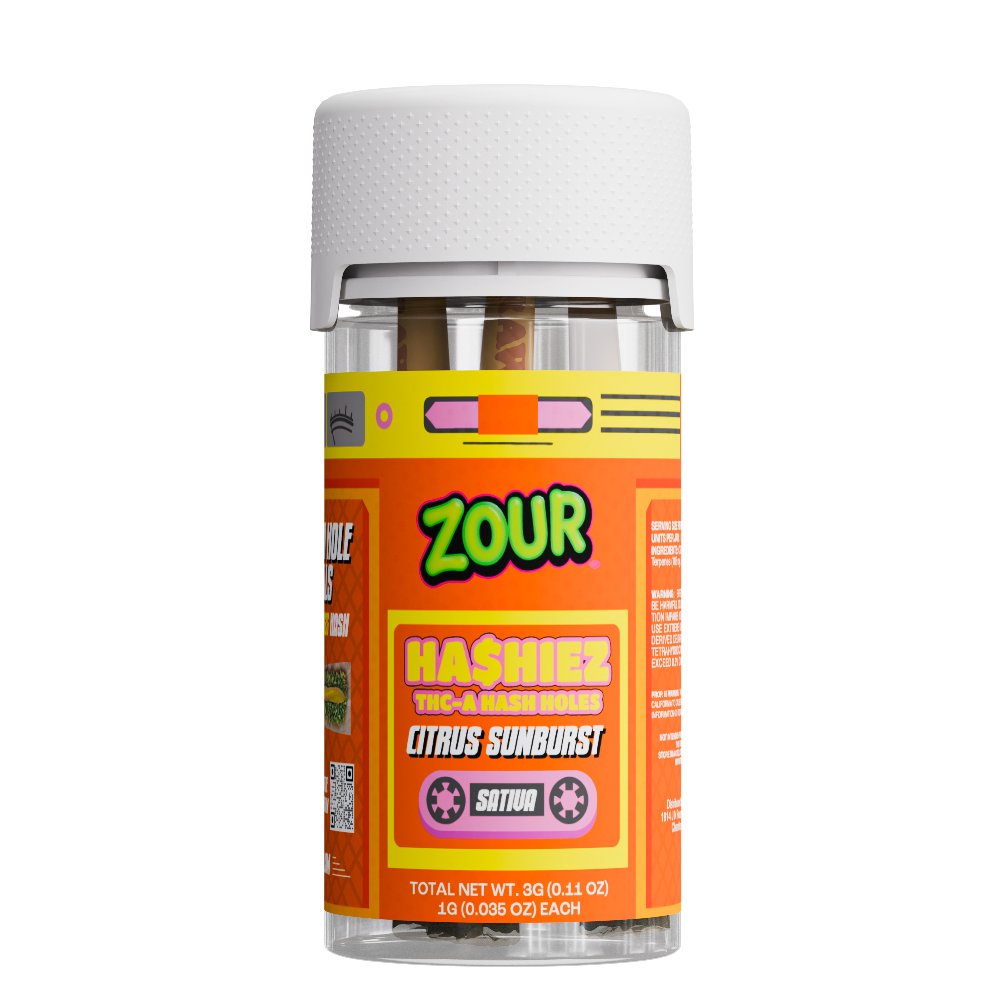 Zour Stash Citrus Sunburst THCA Hashiez. A pre-roll, then the hashiez jar, and then an open pre-roll showing the hash batter core.