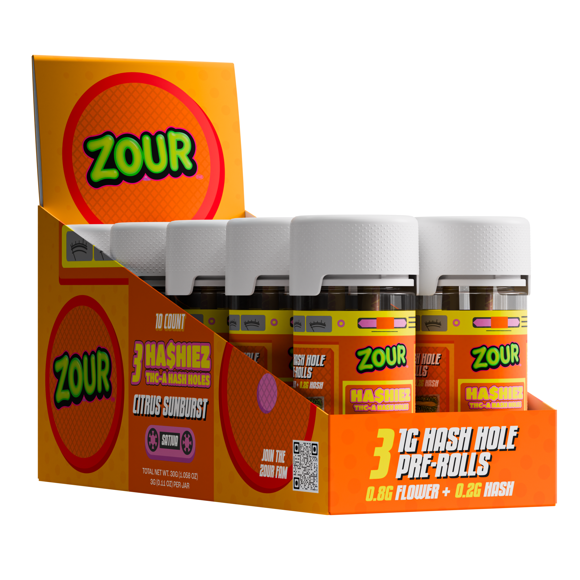 Zour Stash Citrus Sunburst THCA Hashiez Display Box with 10 jars inside of the box