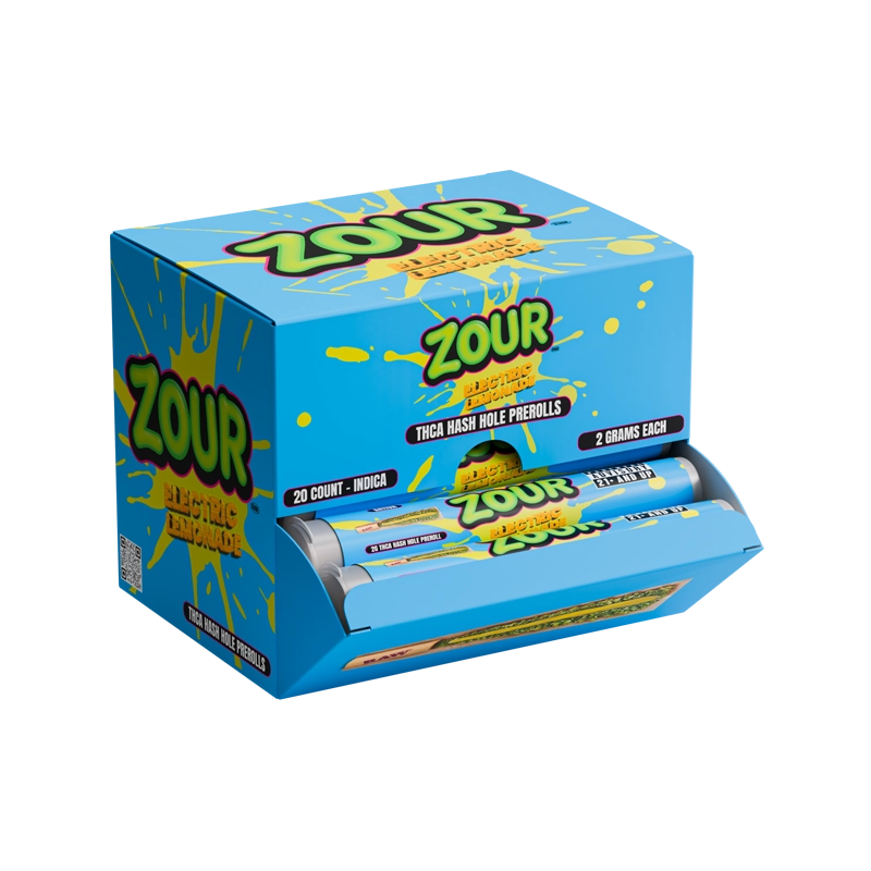 Zour Stash Electric Lemonade THCA Hash Hole Display box showing the Hash Hole Pre-rolls inside.

