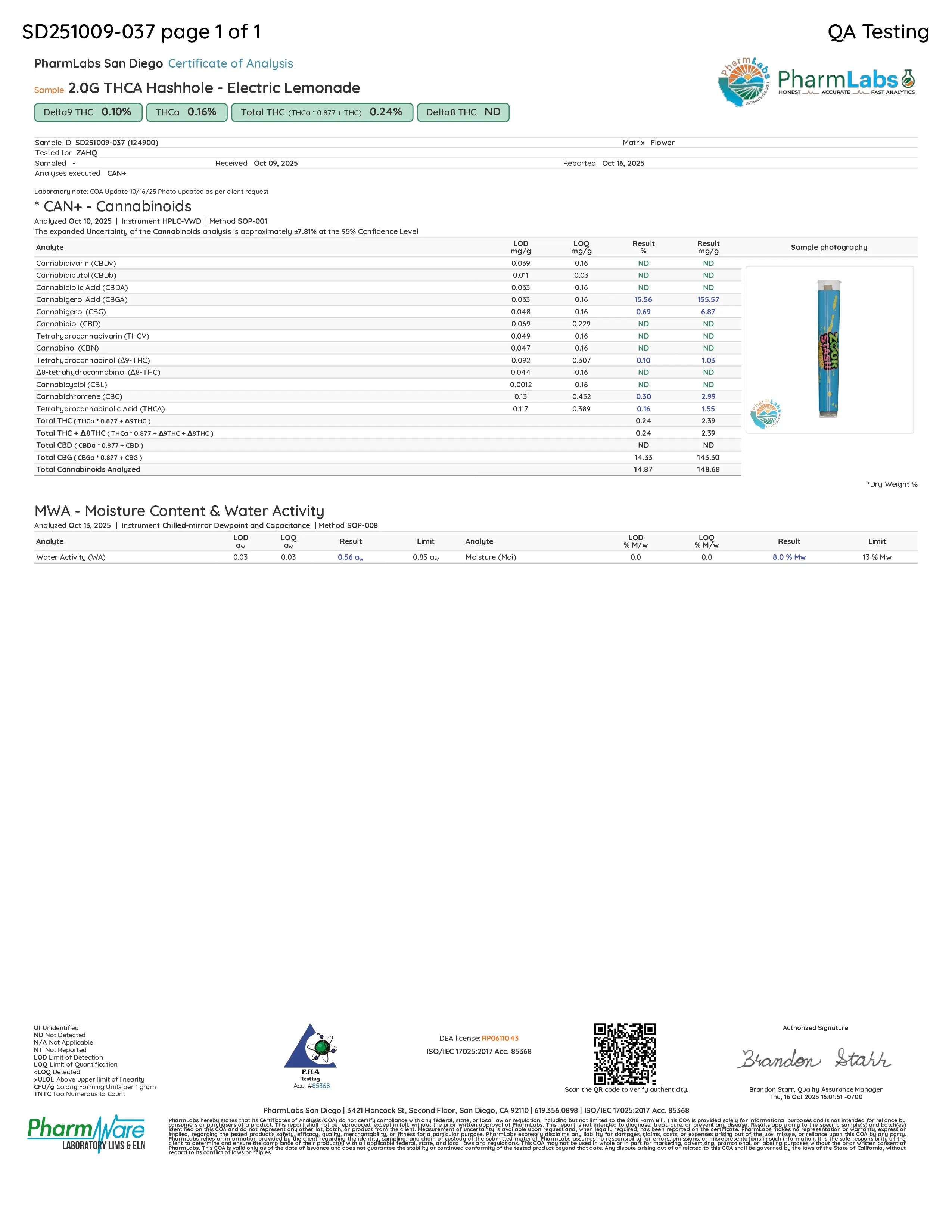 Certificated Analysis for a Zour Stash Electric Lemonade THC Hash Hole Pre-Roll