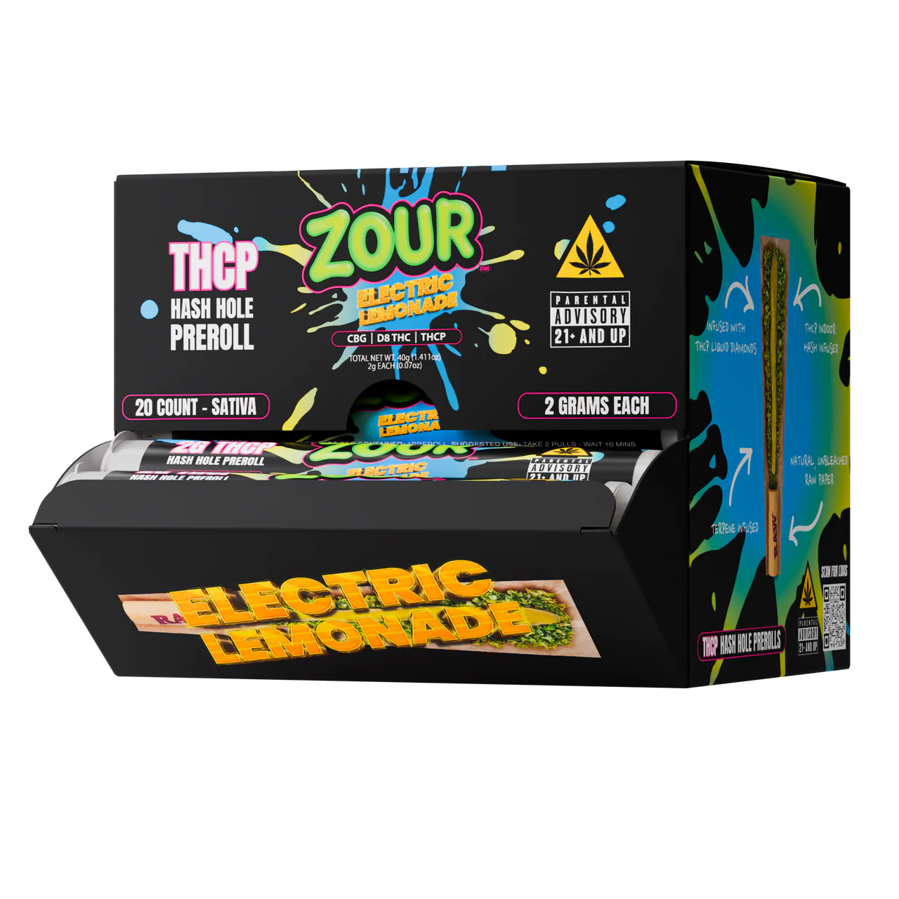 Zour Stash Electric Lemonade THCP Hash Hole Display box with the tubes coming out from the inside of the box