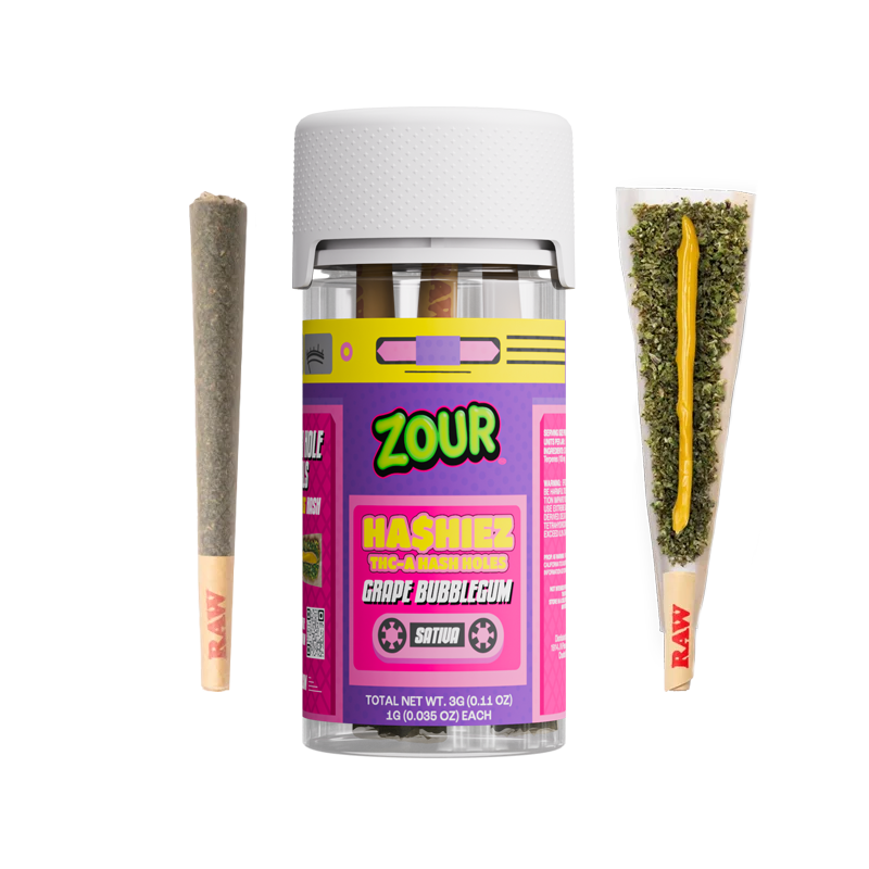 Zour Stash Grape Bubblegum THCA Hashiez. A pre-roll, then the hashiez jar, and then an open pre-roll showing the hash batter core.