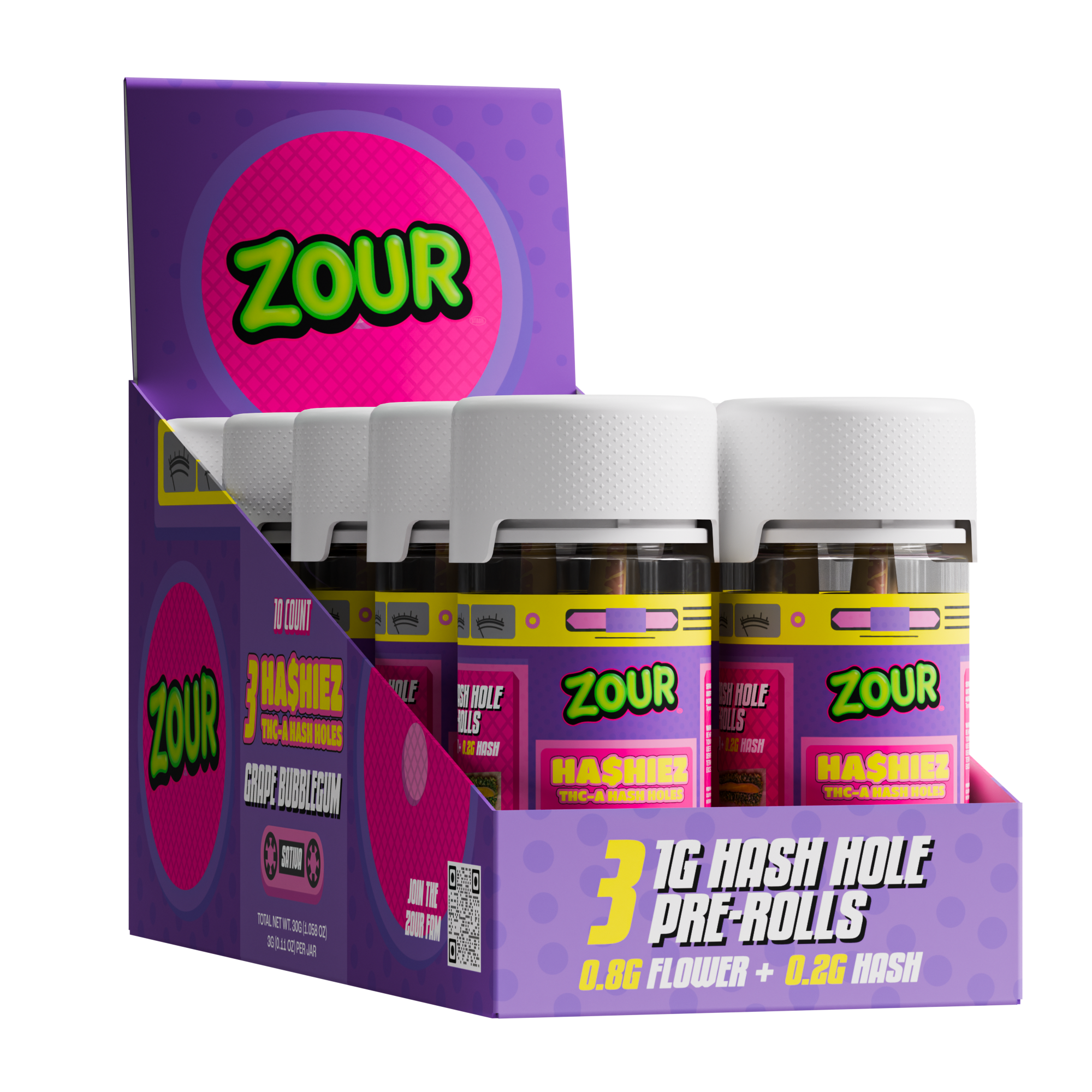 Zour Stash Grape Bubblegum THCA Hashiez Display box with 10 jars inside of the box