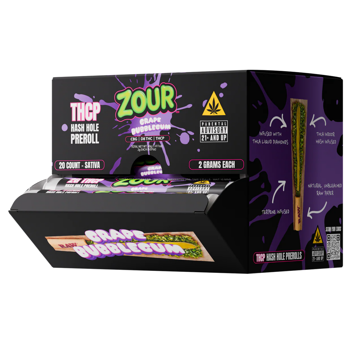 Zour Stash Grape Bubblegum THCP Hash Hole Display Box with the tubes coming out from the inside