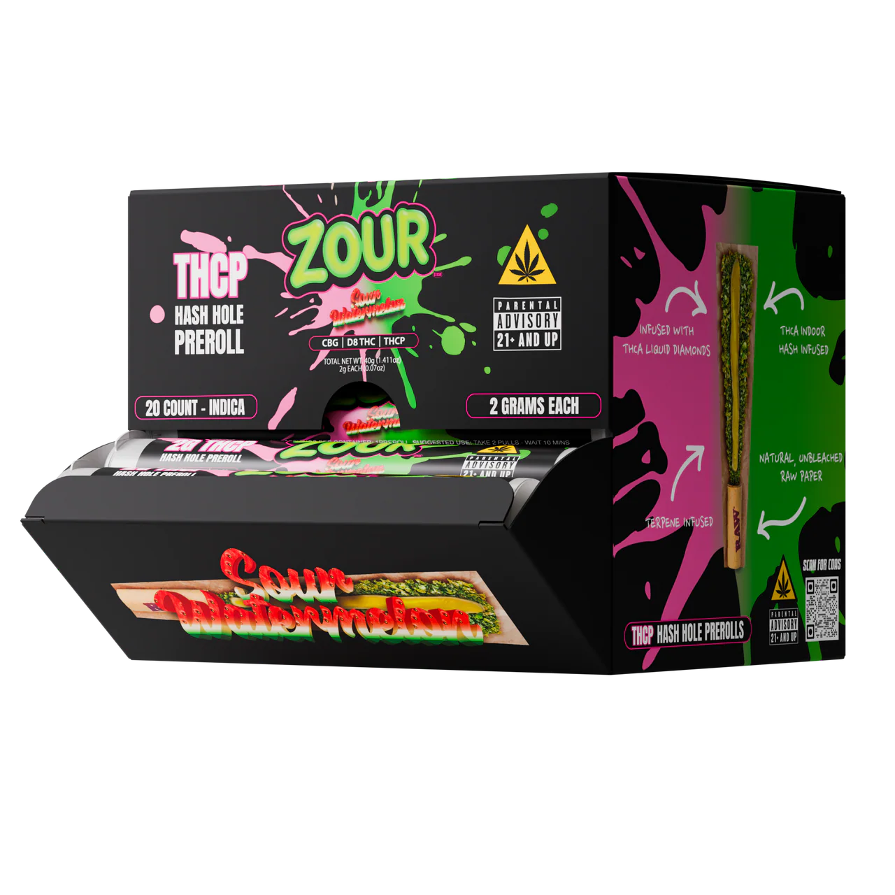 Zour Stash Sour Watermelon THCP Hash Hole Display Box with tubes coming out from the inside of the box