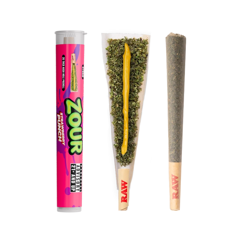Zour Stash Strawberry Punch THCA tube next to an open pre-roll which is then next a normal pre-roll.
