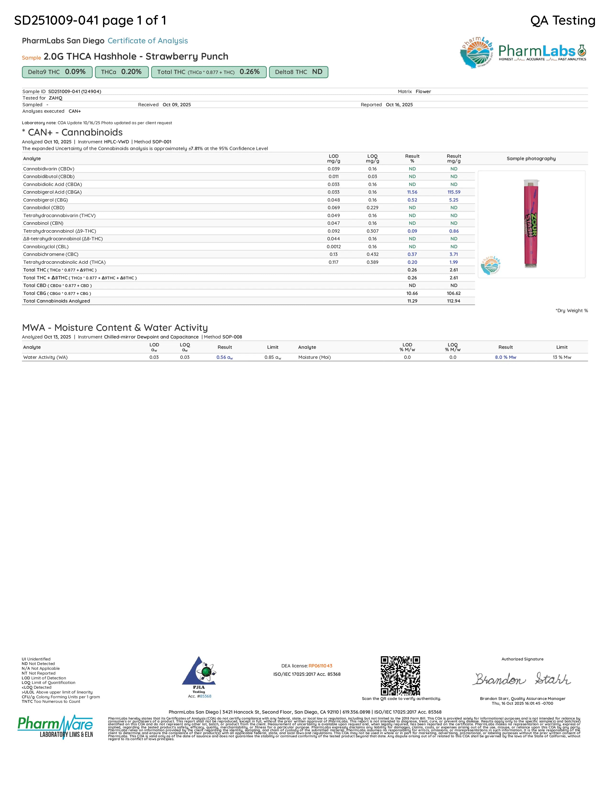 Certificate of Analysis for a Zour Stash Strawberry Punch THCA Hash Hole Pre-Roll