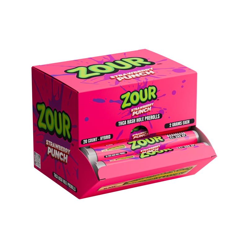 Zour Stash Strawberry Punch THCA Hash Hole Display box showing the Hash Hole Pre-rolls inside.
