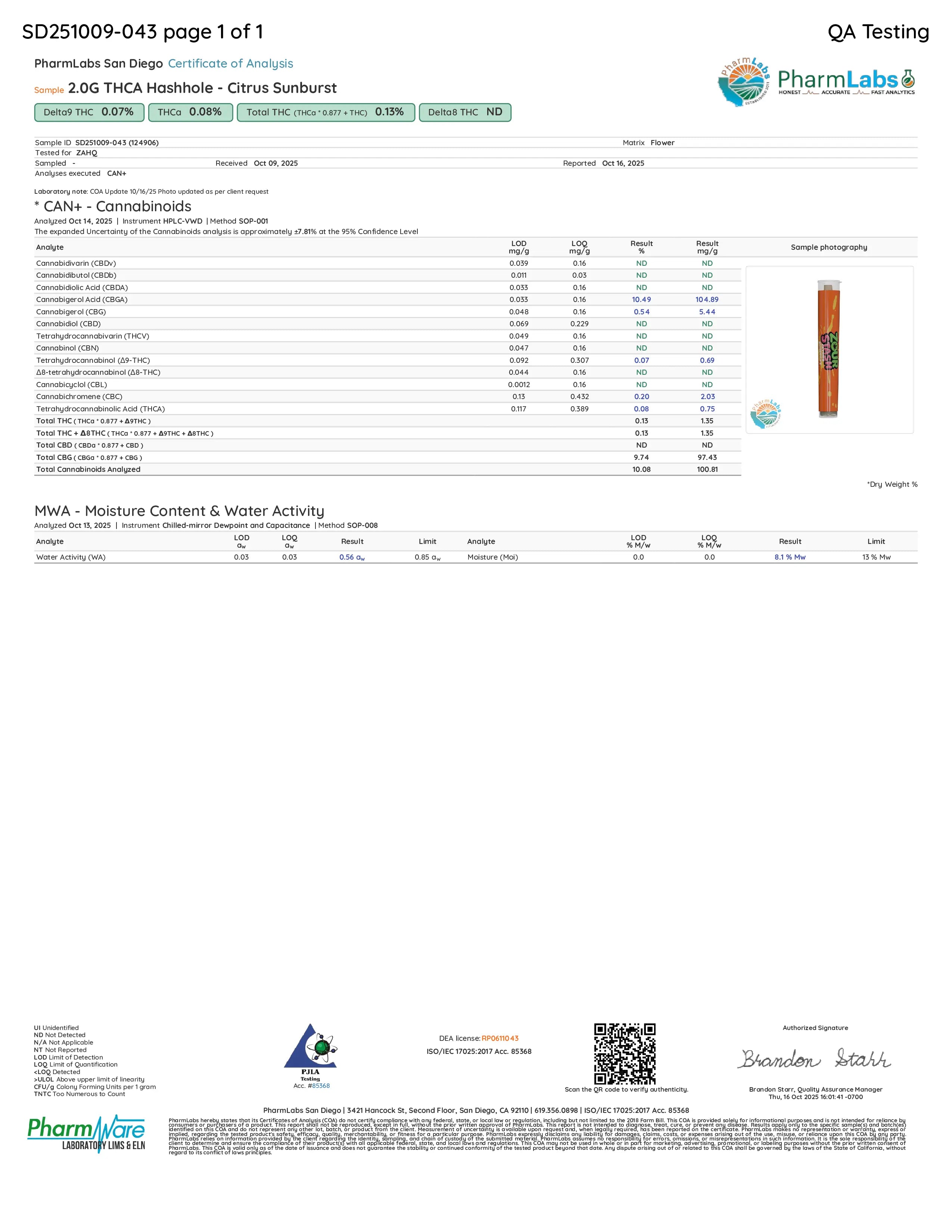 Certificate of Analysis for Zour Stash THCa Citrus Sunburst Hash Hole